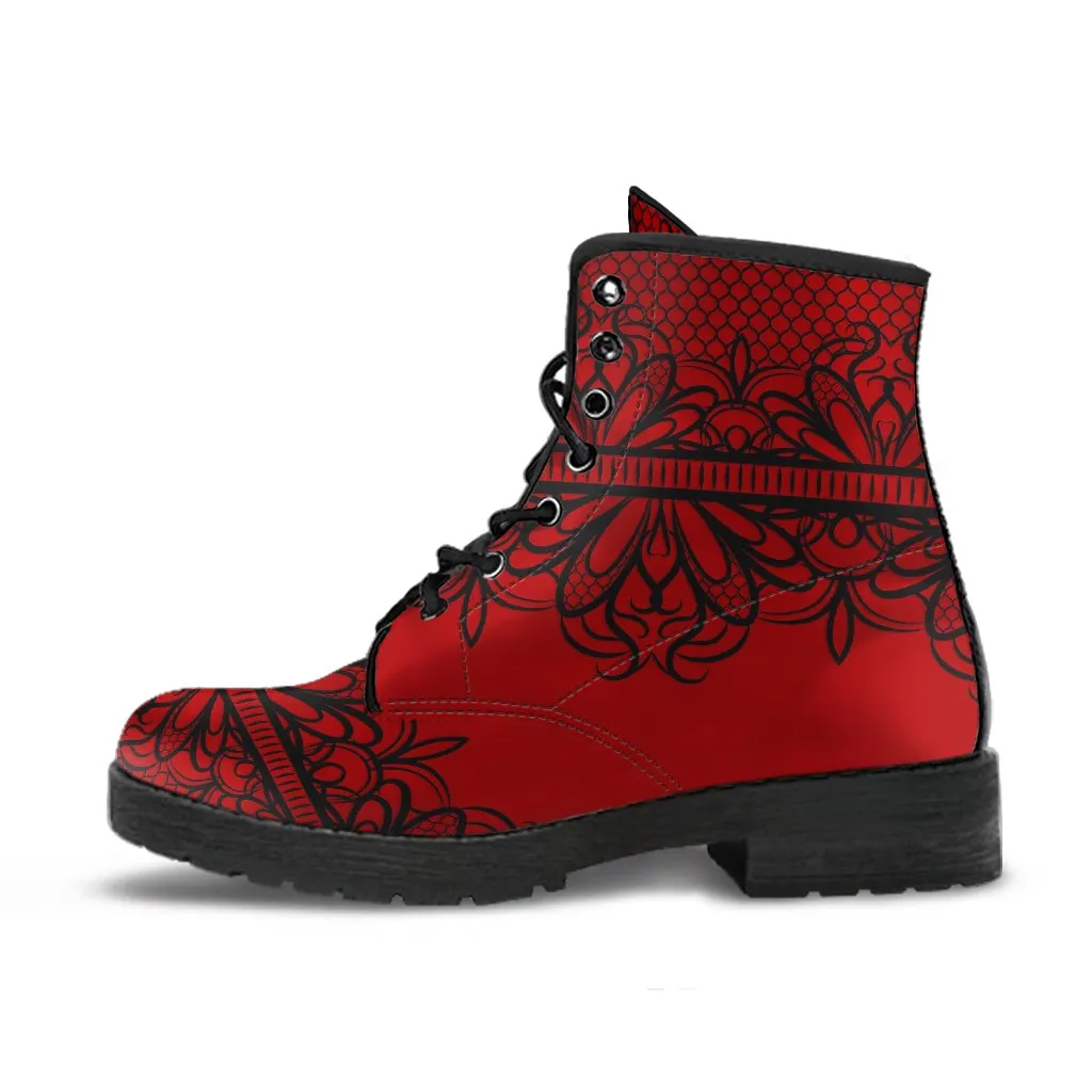 Combat Boots-Gothic Lace Print 108 Red