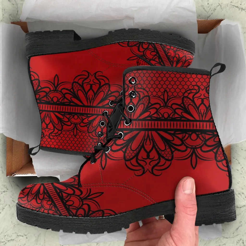 Combat Boots-Gothic Lace Print 108 Red