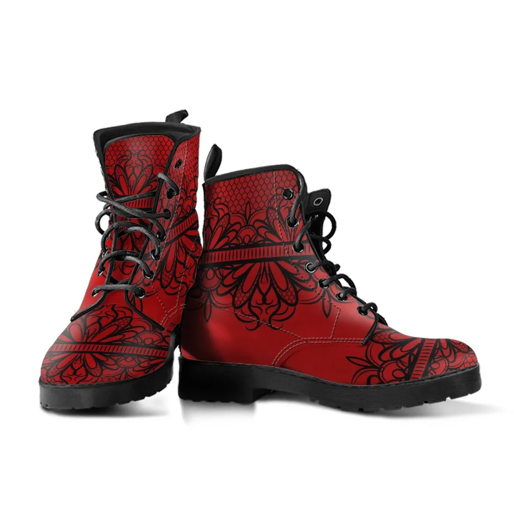 Combat Boots-Gothic Lace Print 108 Red