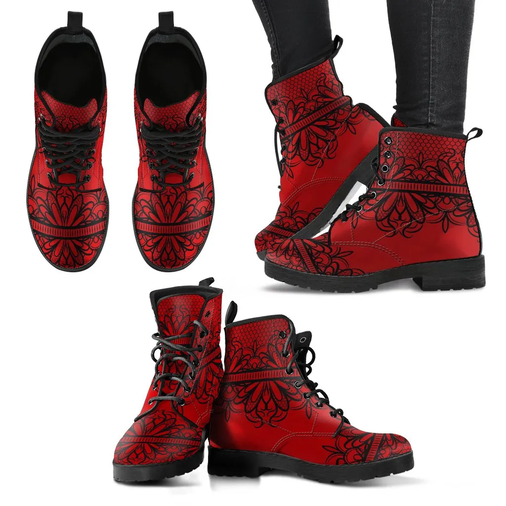 Combat Boots-Gothic Lace Print 108 Red