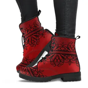 Combat Boots-Gothic Lace Print 108 Red