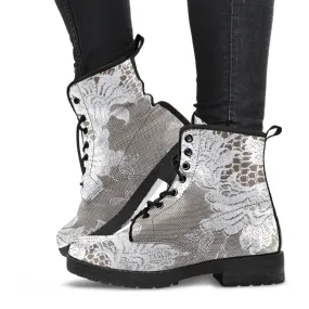 Combat Boots - White Lace Print #107 | Women's Boots, Custom Shoes, Aesthetic Shoes, Sorority Shoes, Vegan Leather, Vegan Shoes, 90s Boots
