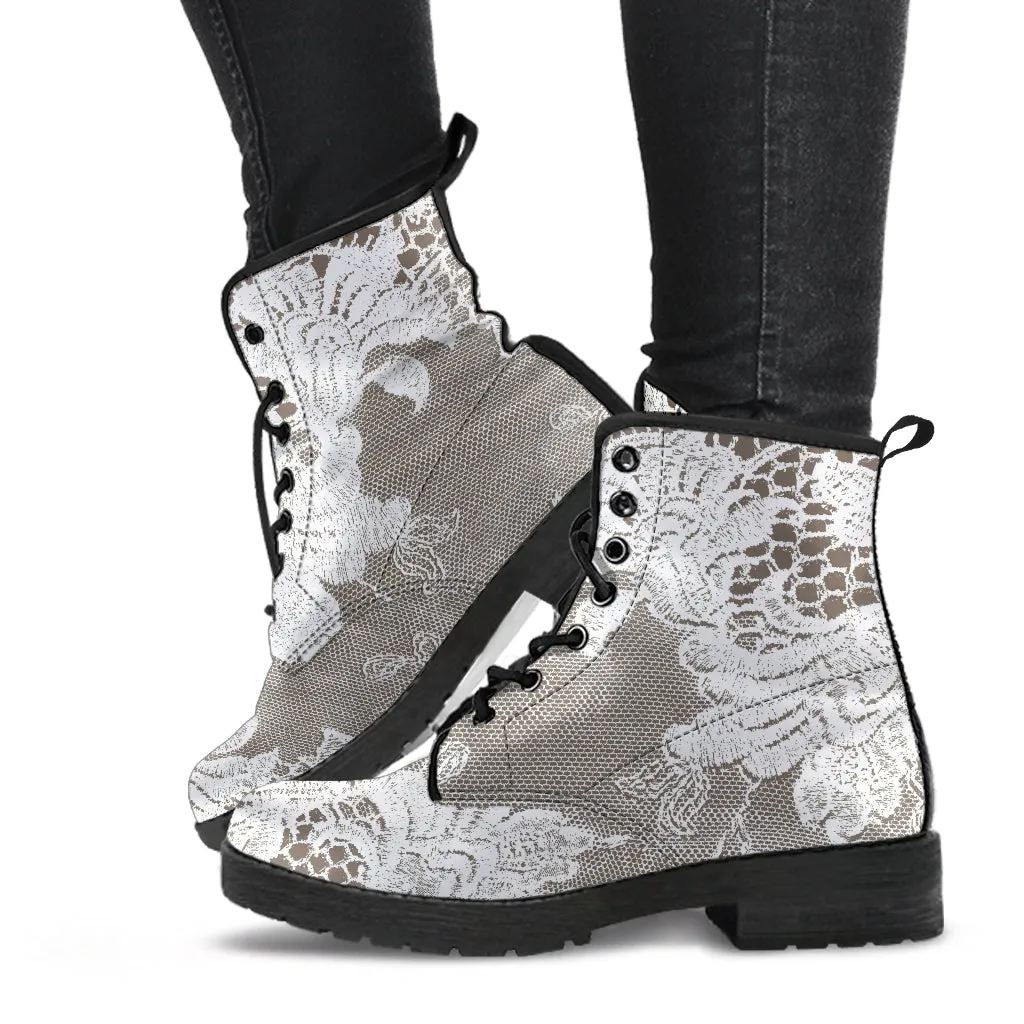 Combat Boots - White Lace Print #107 | Women's Boots, Custom Shoes, Aesthetic Shoes, Sorority Shoes, Vegan Leather, Vegan Shoes, 90s Boots