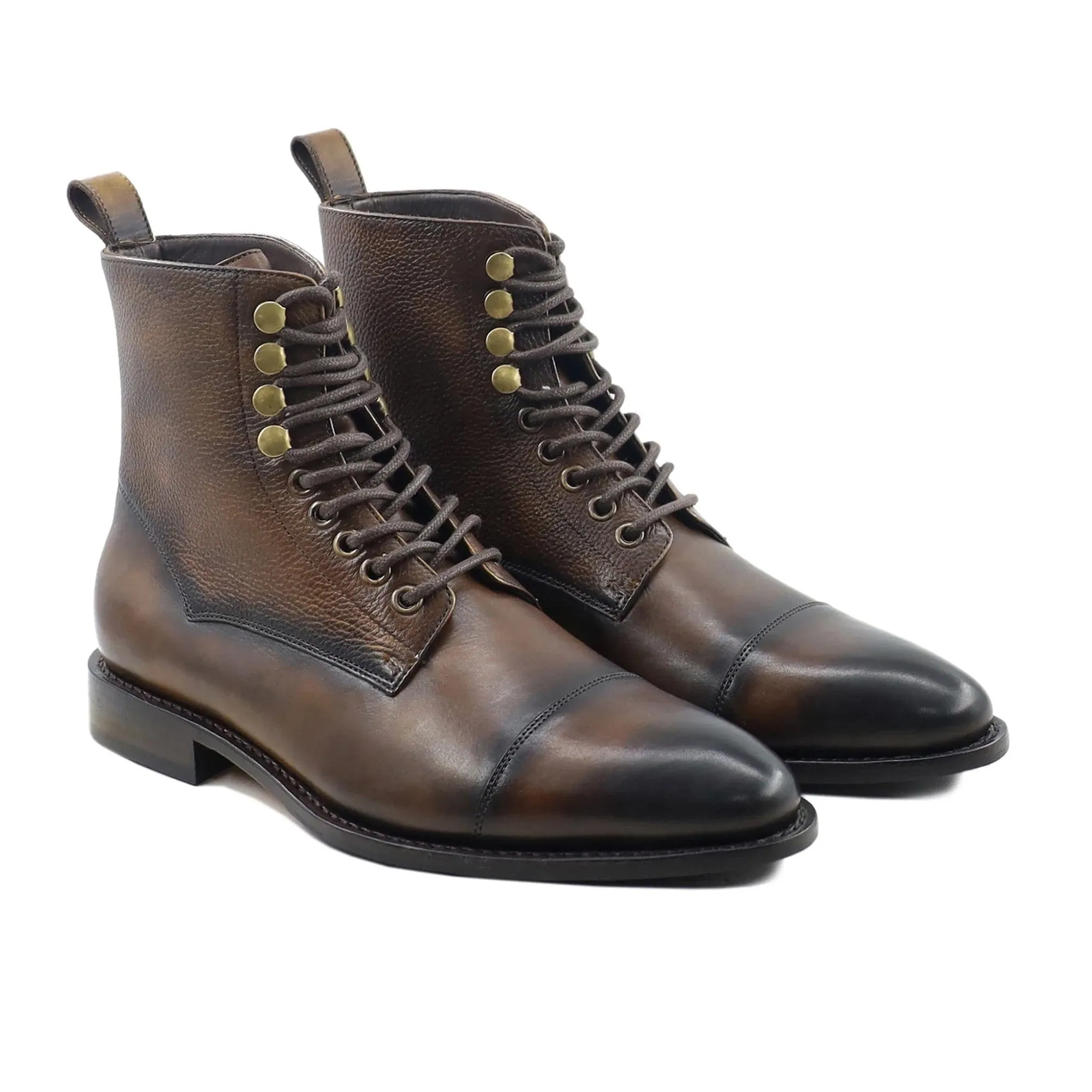 Handmade Custom Burnished Brown Calf Pebble Grain Leather Boots For Men