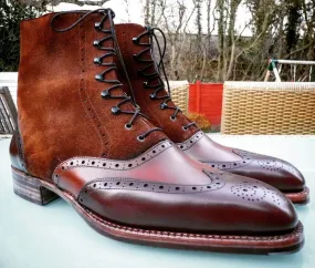 Men's Handmade Brown Wing Tip Brogue Leather Suede Ankle Boots, Men Designer Boots