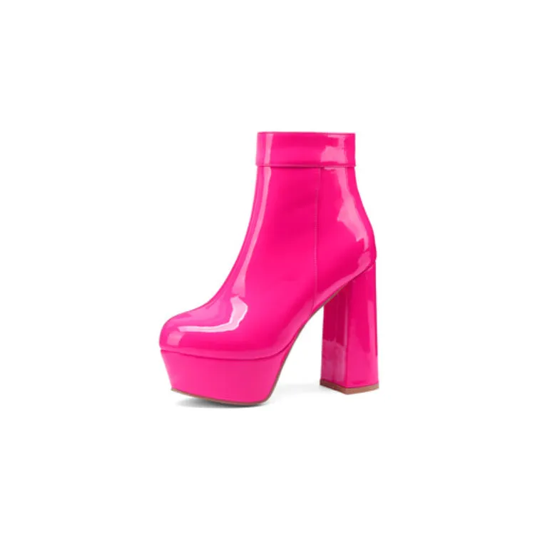 Women's Side Zippers Block Chunky Heel Platform Short Boots