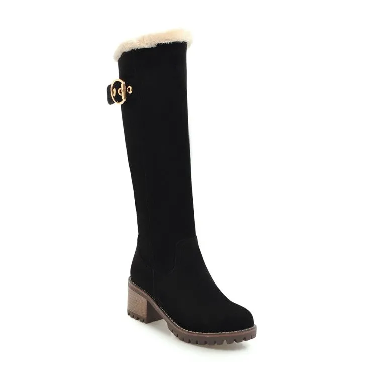 Women's Suede Stitching Buckles Belts Fur Block Heel Platform Knee High Boots